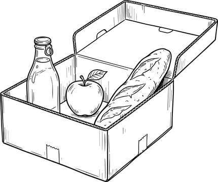 Open cardboard lunch box filled with fresh baguette apple and glass bottle hand drawn sketch vector illustration
