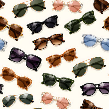 Stylish sunglasses seamless pattern collection isolated on off-white background for fashion eyewear, summer accessories, and optical concept design.