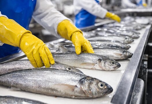 Fresh silver fish move along a conveyor belt in a seafood processing plant, where workers sort the catch during commercial food production.