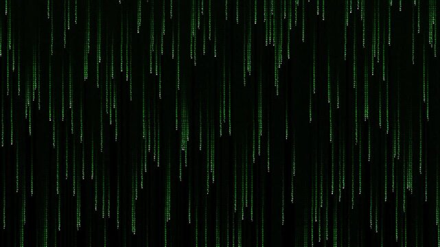 Classic digital matrix code rain animation with falling green Japanese and Latin characters cascading down a dark screen. Iconic aesthetic of hacker culture, terminal programming, cyberpunk dystopia, 