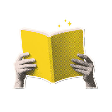 Retro halftone cutout sticker of human hands holding an open book. Vintage mixed media collage element with dotted texture.