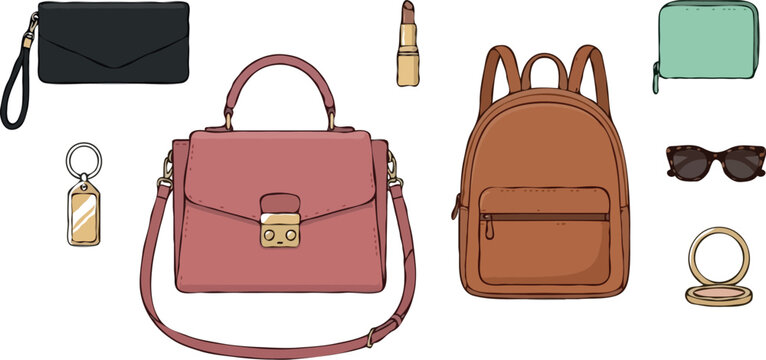 Fashion bags and accessories vector illustration set with pink handbag leather backpack black clutch wallet lipstick sunglasses and mirror isolated on white.