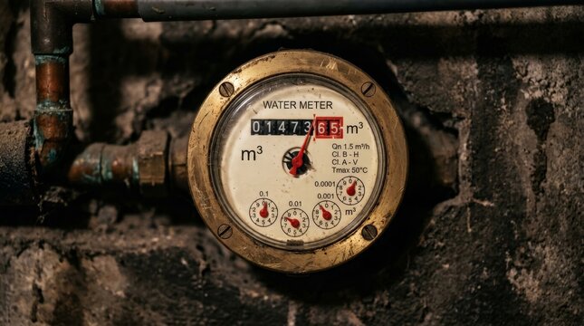 A close up shot of an old brass water meter attached to copper pipes against a dark concrete wall in a basement, showing numerical dials and red needles, underscoring the plumbing