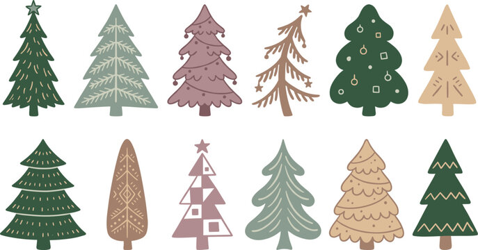 A delightful vector collection of stylized christmas trees in various shapes and muted earthy tones, featuring charming hand-drawn details, isolated on white.