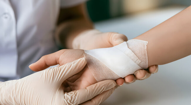 A professional medical caregiver will apply a sterile gauze bandage to an injured patient's wrist at the clinic