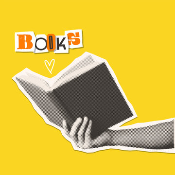 Retro halftone cutout sticker of a human hand holding an open book and books text. Vintage mixed media collage element with dotted texture.