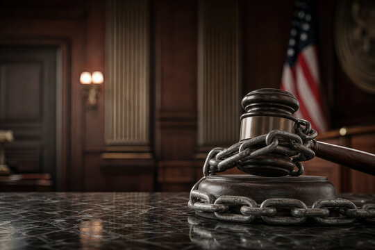 Judge gavel with heavy iron chain on marble bench symbolizing judicial shutdown courtroom justice crisis election constitutional dispute government authority blockade
