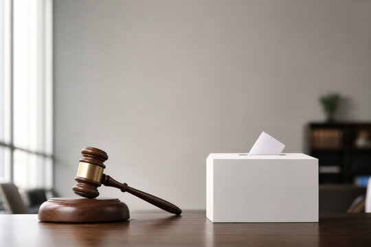 Judge gavel and ballot box on executive desk symbolizing legal challenge to election results judicial intervention and post election dispute over rule of law constitutional crisis