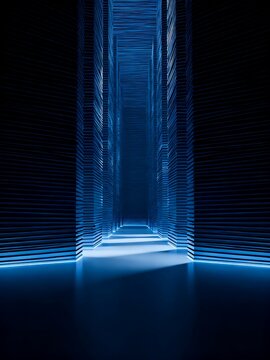 Futuristic Blue Lit Corridor with Layered Geometric Structures