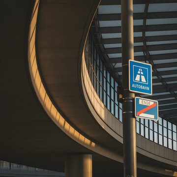 Autobahn end sign on pole near curved overpass and modern building