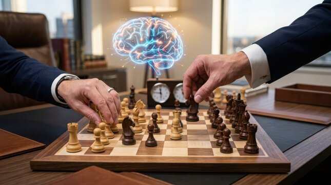 Two people playing chess with brain illustration above board