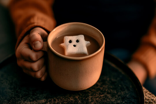 Enjoying a cozy Halloween drink with a ghost marshmallow on a chilly autumn day