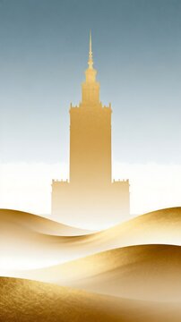 Golden Tower Silhouette Against Soft Sky And Sand Dunes
