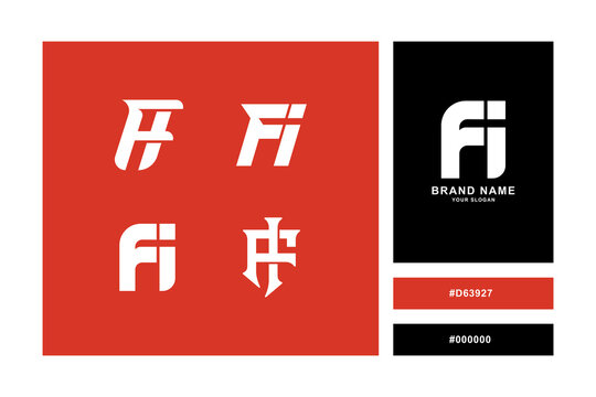 Set of modern FI letter monogram logo designs for sports and corporate branding on red background