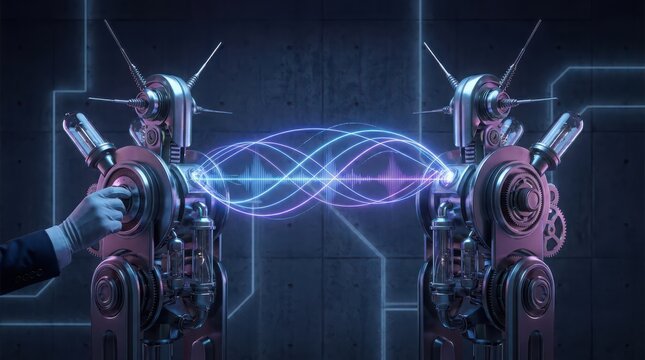 Two futuristic robots exchanging energy beams in high tech setting