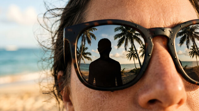 Reflection of a person's silhouette in sunglasses on a beach with palm trees, capturing a tropical vacation vibe