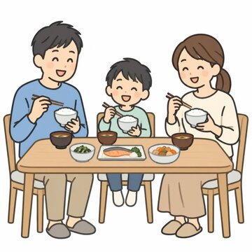食卓を囲んで笑顔でご飯を食べる家族3人のイラスト - 家族団らん・美味しい食事・食育