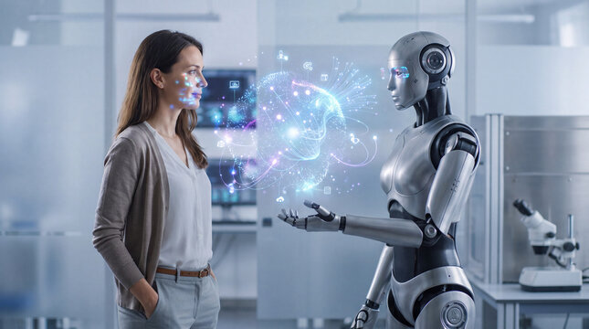 Woman facing a humanoid robot presenting a data hologram