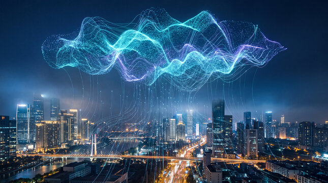 Cloud-shaped digital data formation hovering above a night city skyline