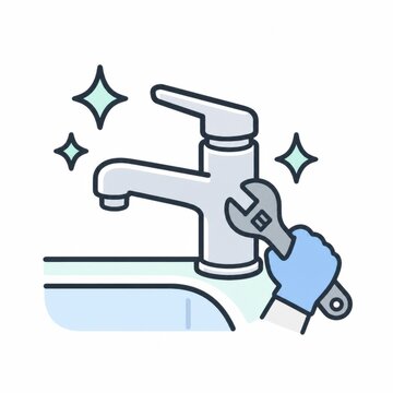 ピカピカの水道蛇口をスパナで締め直して水漏れ修理・メンテナンスするイラスト - 工具・水回り修理