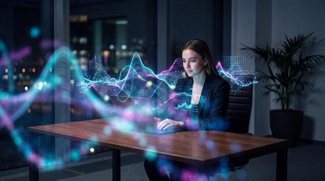 Businesswoman working on a laptop surrounded by glowing data waveforms