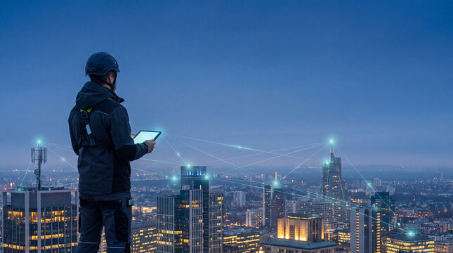 Technician on a rooftop viewing a 5G network map over the city