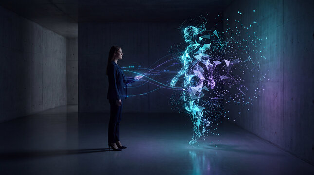 Woman conjuring a running human-shaped particle avatar