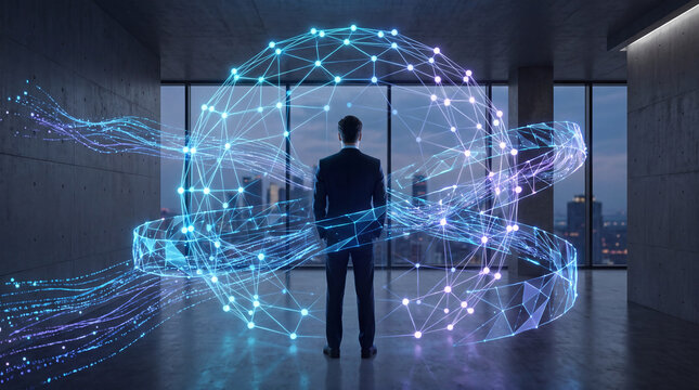 Businessman viewed from behind surrounded by a glowing network sphere