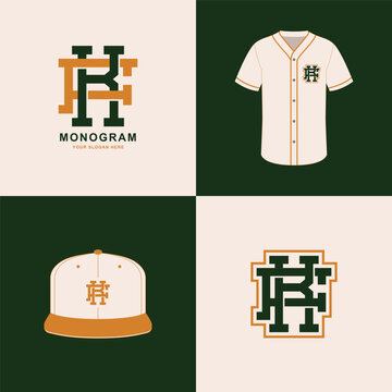Sports monogram FK KF logo set with baseball jersey and cap mockup in green and orange tones.