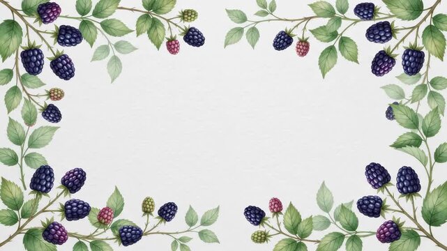 Watercolor illustration of blackberry branches with leaves and berries forming a decorative frame on a white background, perfect for invitations or recipes.