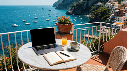 Obraz premium Laptop and notebook sit on a marble table on a seaside balcony with Mediterranean town backdrop. Orange juice and coffee await next to open planner, pen, and laptop.