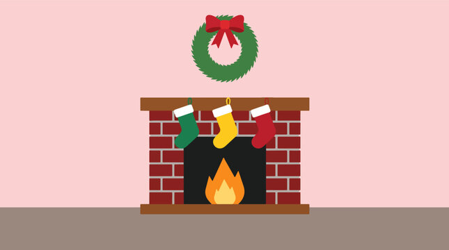 Cozy christmas fireplace with stockings and wreath for warm holiday atmosphere