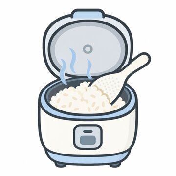 フタを開けた炊飯器に炊き立てのご飯としゃもじがセットされたイラスト - 炊飯・炊き上がり