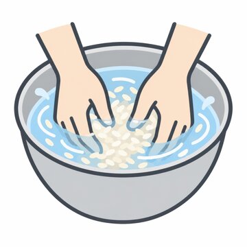ボウルに水を流しながらお米を手早く研ぎ洗いするイラスト - 洗米・米とぎ