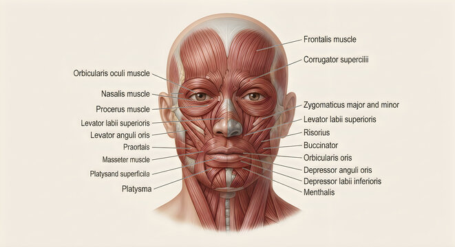 Anatomical illustration of human facial muscles with labeled names