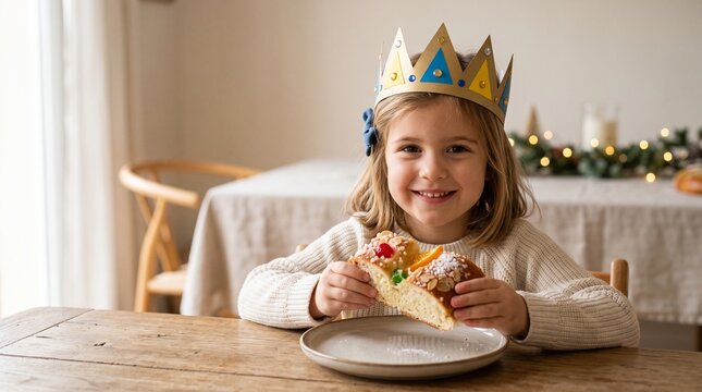 Joyful young girl wearing a crown eats a traditional Rosc&oacute;n de Reyes cake during Epiphany celebrations
