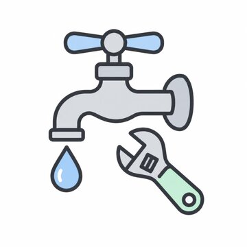 水漏れする水道蛇口と修理用レンチ（スパナ）のイラスト - 水道修理・パッキン交換