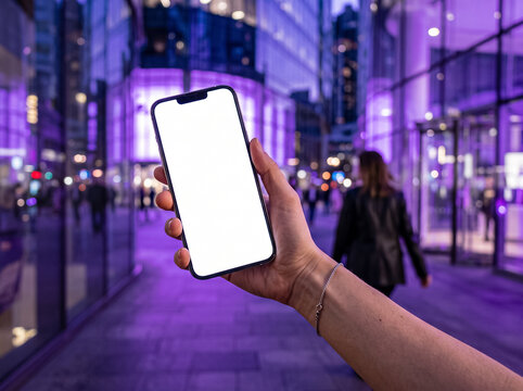 female hand holding a smartphone with a blank white screen against an evening shopfront complex with bright purple neon lighting mockup for showing mobile content websites and modern apps