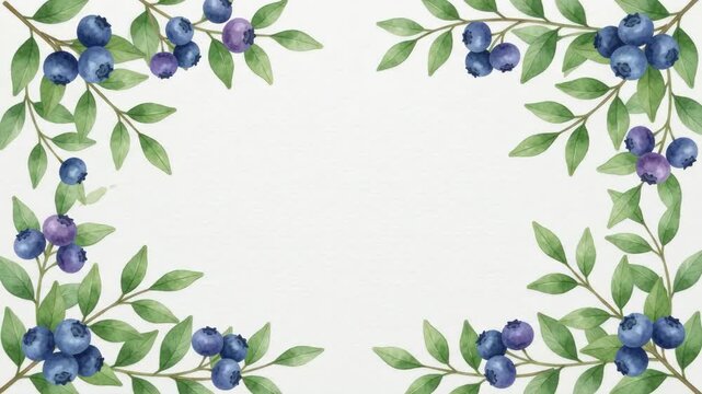 Watercolor blueberry branches and leaves forming a decorative border on a light background, perfect for natural-themed designs and invitations.