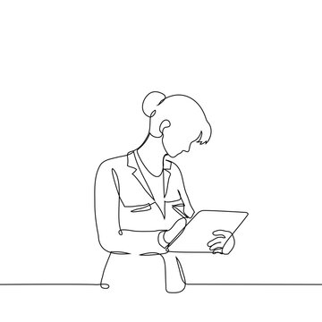 Continuous one line drawing of a businesswoman writing on clipboard. Vector illustration of focused young woman working, taking notes or signing contract. Minimalist hand drawn sketch style.