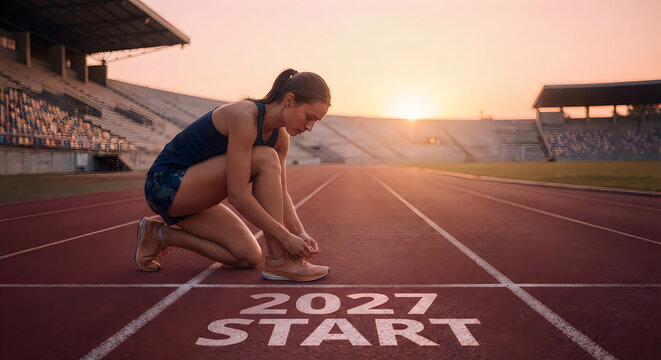 Athlete in starting position on track with 2027 start text during sunset
