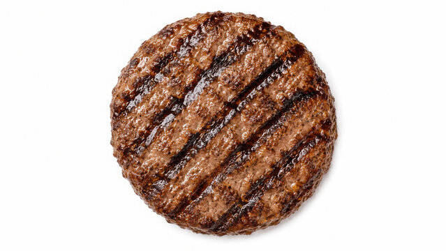Juicy grilled beef burger patty with dark char marks on a transparent background