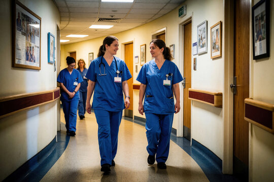 Two female nurses walk down a hospital corridor talking. Other medical staff are visible in background. They wear blue scrubs and stethoscopes. People work in healthcare.