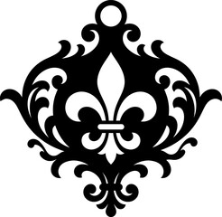 Vintage Fleur De Lis Damask Diamond Pendant Silhouette Vector Graphic Featuring Scrollwork Frame © Emonahmed