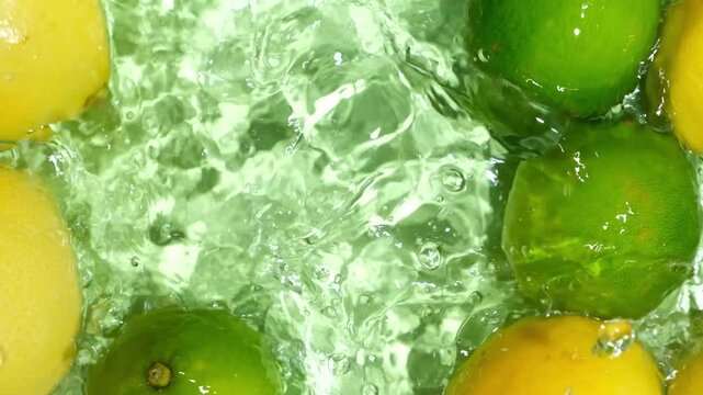 Whole limes falling into water with lemons slow motion splash top view space for text