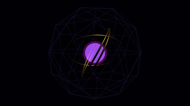 A futuristic quantum computer core with golden spinning atomic rings orbiting a central pulsing energy sphere. Concept of quantum computing, nuclear physics, advanced semiconductor research, and next-