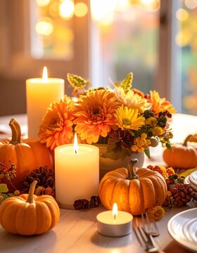 Warm Thanksgiving Centerpiece with Pumpkins and Flowers