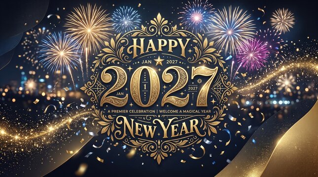 Happy new year 2027 celebration greeting card with elegant gold typography, intricate ornamental frame, and vibrant colorful fireworks against a dark festive background with golden confetti