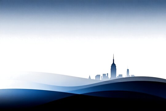 Minimalist City Skyline Over Layered Blue Waves