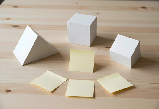 Problem solving and creative strategy, blank sticky notes with geometric shapes on wooden desk for business planning and brainstorming session ideas